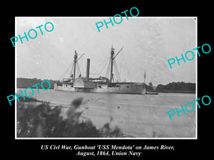 US CIVIL WAR HISTORIC PHOTO OF UNION NAVY GUNBOAT USS MENDOTA, JAMES RIVER 1864