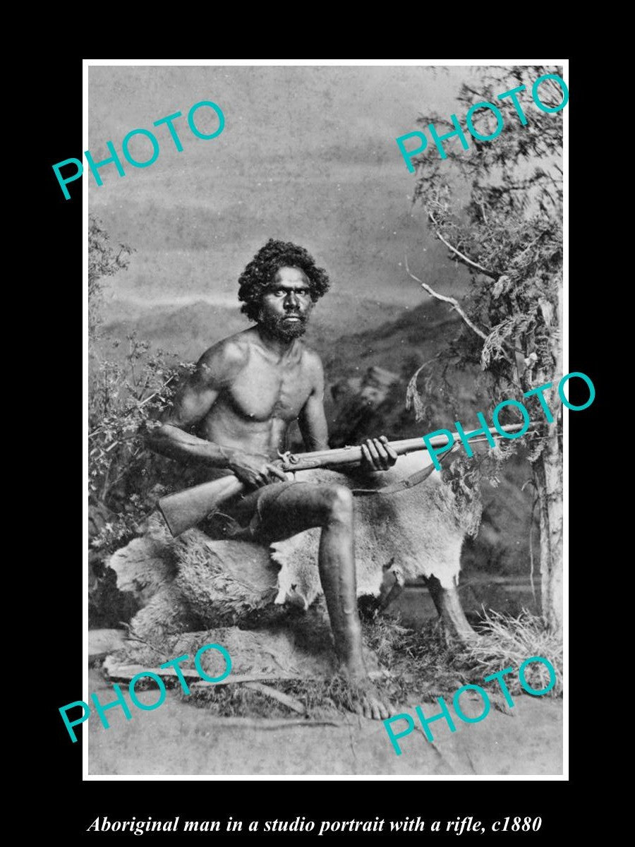 OLD LARGE HISTORIC PHOTO OF ABORIGINAL MAN WITH RIFEL c1900