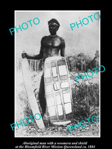 OLD LARGE HISTORIC PHOTO OF ABORIGINAL MAN WITH WOOMERA & SHIELD c1889 QLD