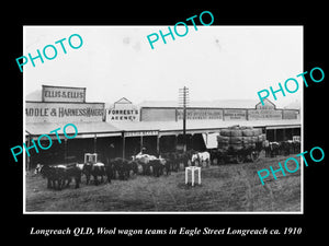 OLD LARGE HISTORIC PHOTO OF LONGREACH QLD, WAGONS WITH WOOL ON EAGLE St c1910