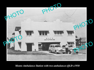 OLD LARGE HISTORIC PHOTO OF MONTO QLD, THE QATB AMBULANCE STATION c1950