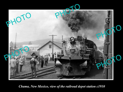 OLD LARGE HISTORIC PHOTO OF CHAMA NEW MEXICO, THE RAILROAD DEPOT STATION c1910