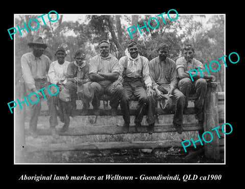 OLD LARGE HISTORIC PHOTO OF ABORIGINAL WORKERS, LAMB MARKERS, GOONDIWINDI c1900