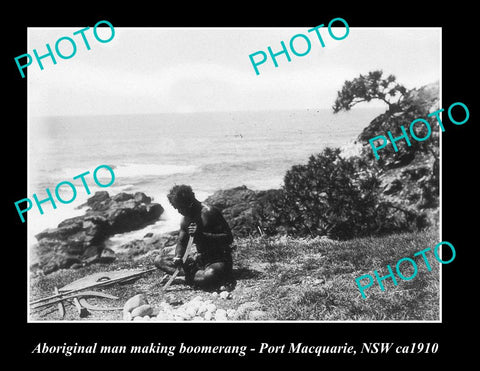 OLD LARGE HISTORIC PHOTO OF ABORIGINAL MAN MAKING BOOMERANG, NSW c1910