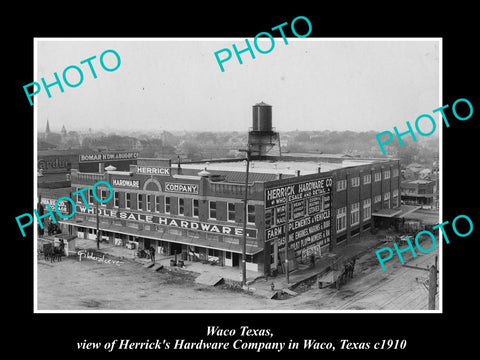 OLD LARGE HISTORIC PHOTO OF WACO TEXAS, THE HERRICKS HARDWARE STORE c1910