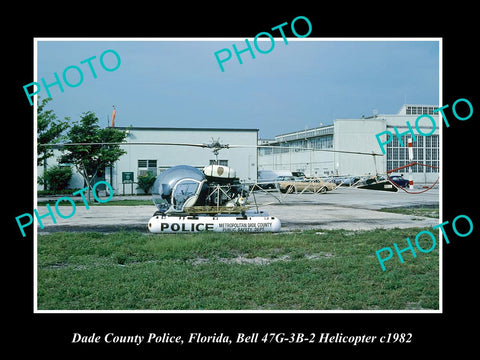 OLD LARGE HISTORIC PHOTO OF FLORIDA DADE COUNTY POLICE HELICOPTER, BELL 47G 1982