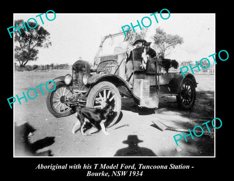 OLD LARGE HISTORIC PHOTO OF ABORIGINAL WITH HIS MODEL T FORD, c1930 BOURKE NSW