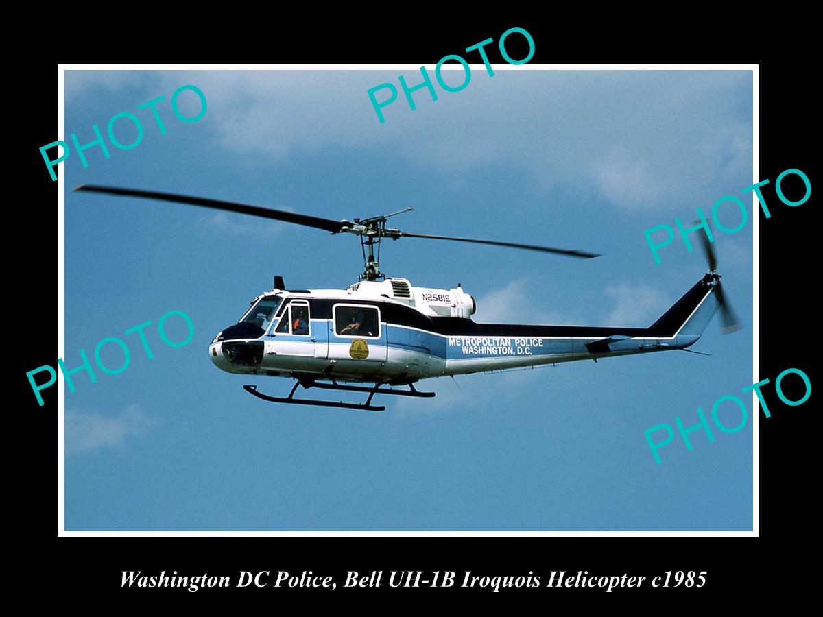 OLD LARGE HISTORIC PHOTO OF WASHINGTON DC POLICE BELL IROQUIOS HELICOPTER c1985