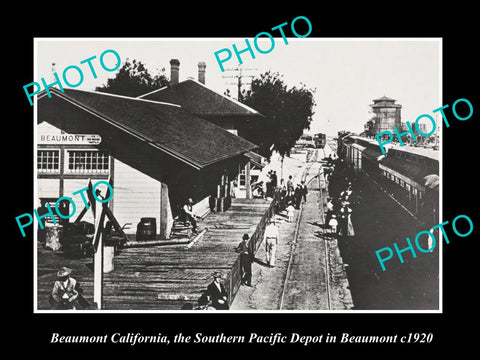 OLD HISTORIC PHOTO OF BEAUMONT CALIFORNIA, SOUTHERN PACIFIC RAILROAD DEPOT c1920