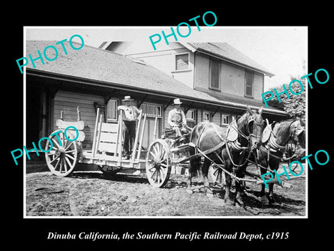 OLD HISTORIC PHOTO OF DINUBA CALIFORNIA, SOUTHERN PACIFIC RAILROAD DEPOT c1915