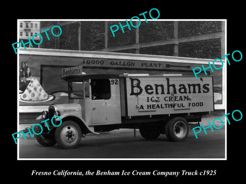 OLD LARGE HISTORIC PHOTO OF FRESNO CALIFORNIA, BENHAM ICE CREAM TRUCK c1925