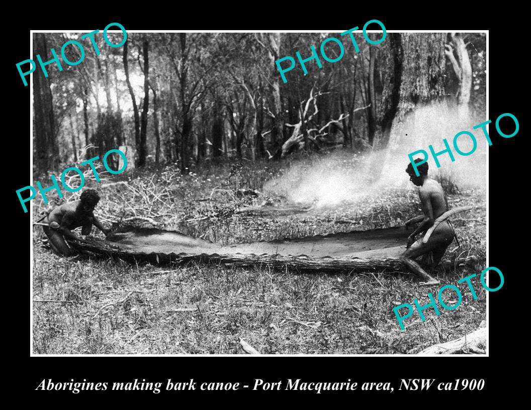 OLD LARGE HISTORIC PHOTO OF ABORIGINALS MAKING A BARK CANOE, PORT MACQAURIE 1900