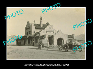 OLD LARGE HISTORIC PHOTO OF RHYOLITE NEVADA, THE RAILROAD DEPOT STATION c1925