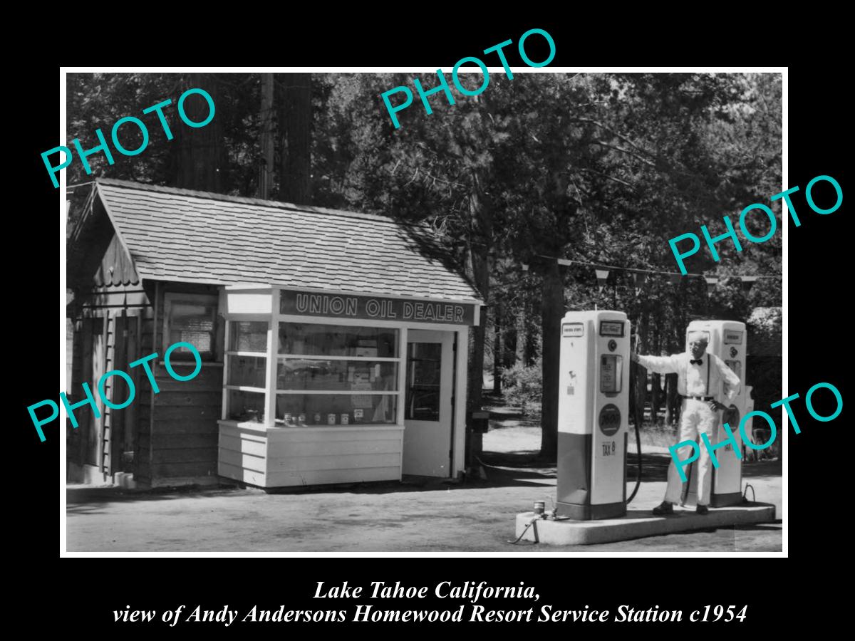 OLD LARGE HISTORIC PHOTO OF LAKE TAHOE CALIFORNIA, ANDERSON SERVICE STATION 1954