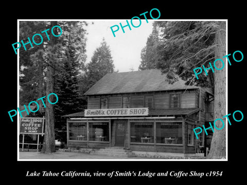 OLD LARGE HISTORIC PHOTO OF LAKE TAHOE CALIFORNIA, SMITHS LODGE & SHOP c1954