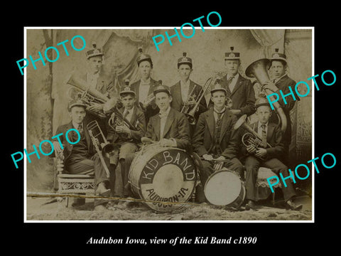 OLD LARGE HISTORIC PHOTO OF AUDUBON IOWA, THE AUDUBON KID BRASS BAND c1890