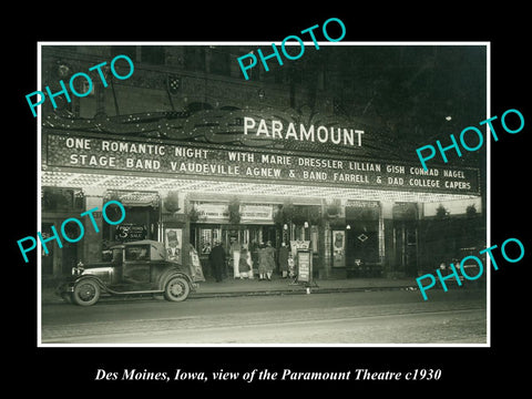 OLD LARGE HISTORIC PHOTO OF DES MOINES IOWA, VIEW OF THE PARAMOUNT THEATRE c1930