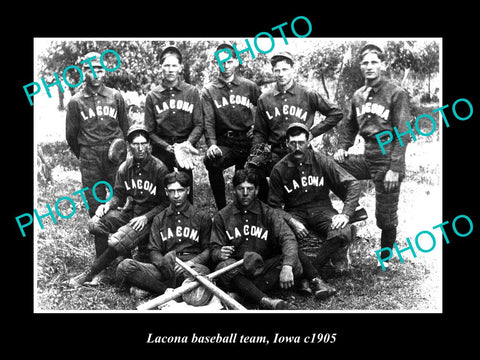 OLD LARGE HISTORIC PHOTO OF LACONA IOWA, VIEW OF THE LACONA BASEBALL TEAM c1905