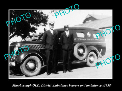 OLD LARGE HISTORIC PHOTO OF MARYBOROUGH QLD, THE DISTRICT AMBULANCE CAR c1938