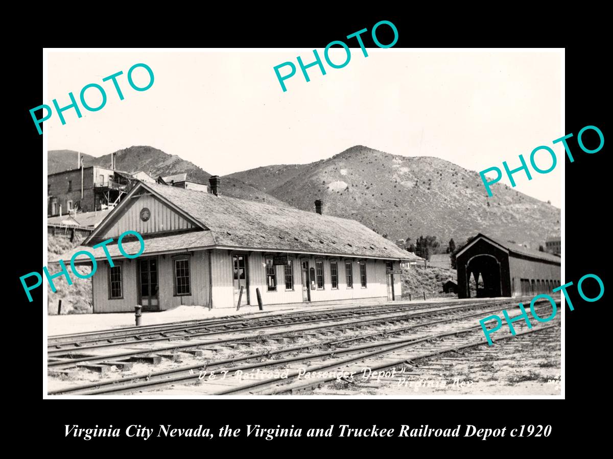 OLD LARGE HISTORIC PHOTO OF VIRGINIA CITY NEVADA, THE V&T RAILROAD DEPOT c1920