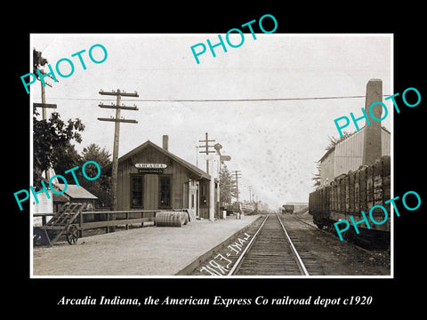 OLD LARGE HISTORIC PHOTO OF ARCADIA INDIANA AMERICAN EXPRESS RAILROAD DEPOT 1920