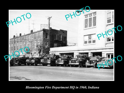 OLD LARGE HISTORIC PHOTO OF BLOOMINGTON INDIANA FIRE DEPARTMENT HQ & TRUCKS 1960