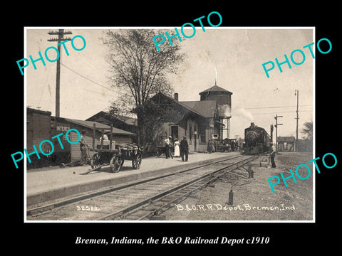 OLD LARGE HISTORIC PHOTO OF BREMEN INDIANA, THE RAILROAD DEPOT STATION c1910