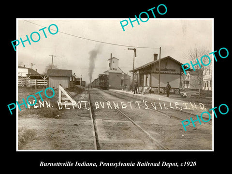 OLD LARGE HISTORIC PHOTO OF BURNETTSVILLE INDIANA, RAILROAD DEPOT STATION c1920