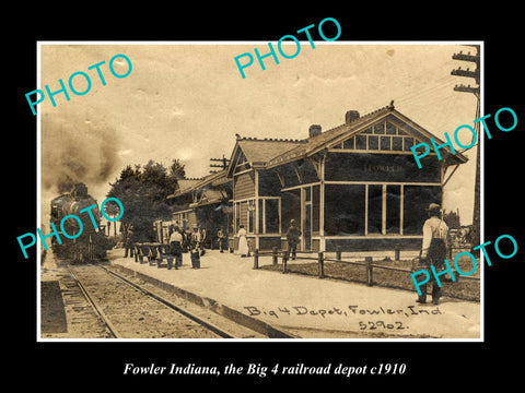 OLD LARGE HISTORIC PHOTO OF FOWLER INDIANA, THE RAILROAD DEPOT STATION c1910