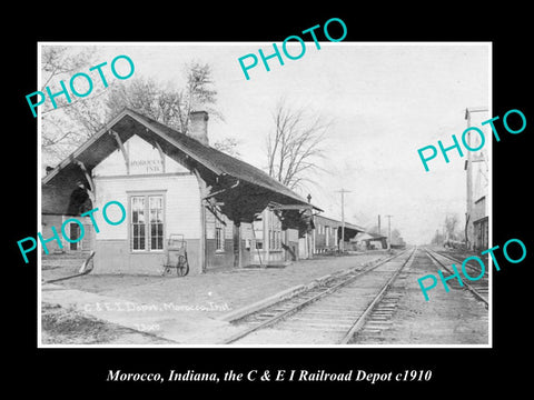 OLD LARGE HISTORIC PHOTO OF MOROCCO INDIANA, THE RAILROAD DEPOT STATION c1910