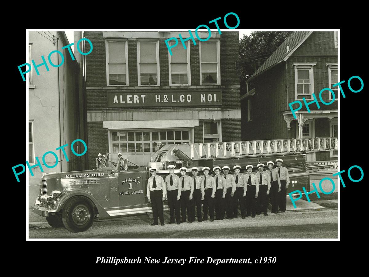 OLD LARGE HISTORIC PHOTO OF PHILLIPSBURG NEW JERSEY FIRE DEPARTMENT H&L c1950