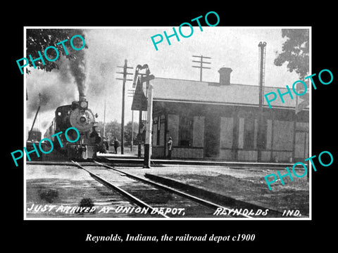 OLD LARGE HISTORIC PHOTO OF REYNOLDS INDIANA, RAILROAD DEPOT STATION c1900