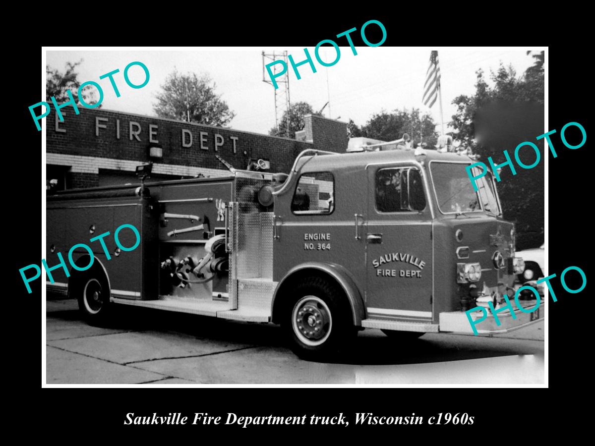 OLD LARGE HISTORIC PHOTO OF SAUKVILLE FIRE DEPARTMENT TRUCK, WISCONSIN c1960s