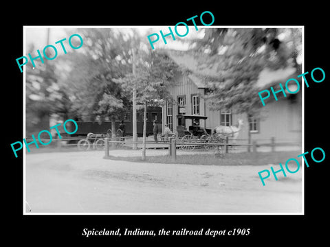 OLD LARGE HISTORIC PHOTO OF SPICELAND INDIANA, RAILROAD DEPOT STATION c1905