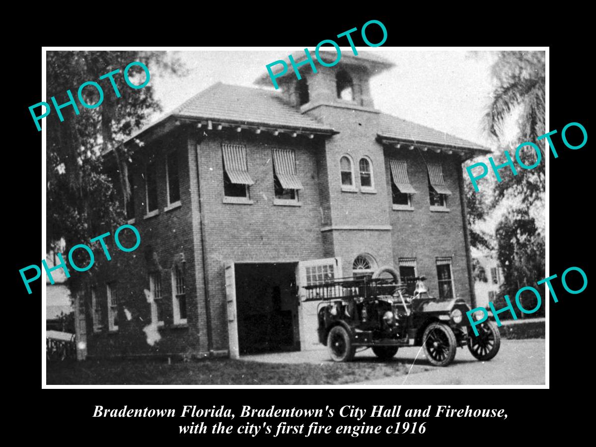 OLD LARGE HISTORIC PHOTO OF BRADENTOWN FLORIDA, FIRE DEPARTMENT STATION c1916