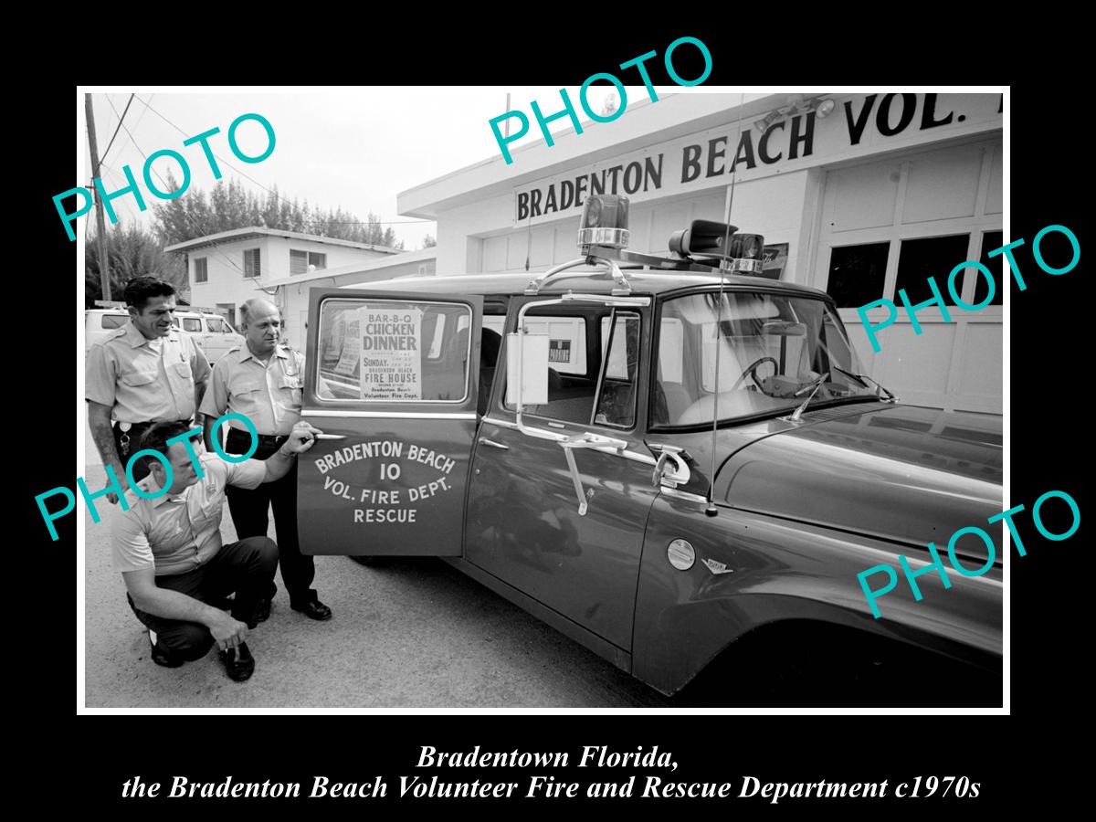 OLD LARGE HISTORIC PHOTO OF BRADENTOWN FLORIDA, THE BEACH FIRE DEPARTMENT c1970