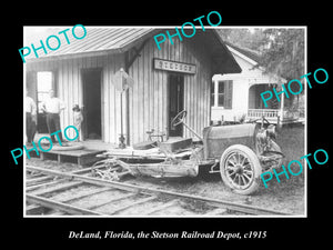 OLD LARGE HISTORIC PHOTO OF DeLAND FLORIDA, THE STETSON RAILROAD DEPOT c1915