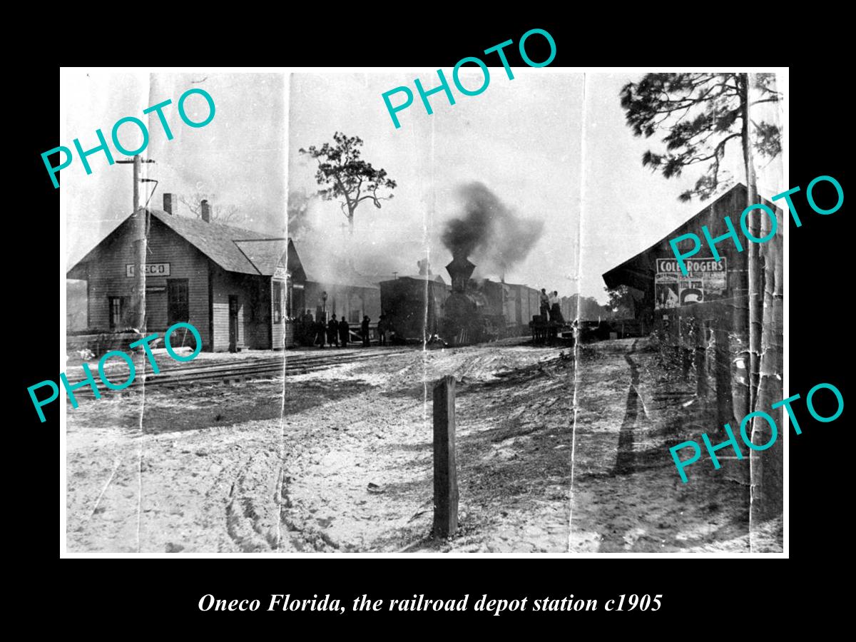 OLD LARGE HISTORIC PHOTO OF ONECO FLORIDA, THE RAILROAD DEPOT STATION c1905