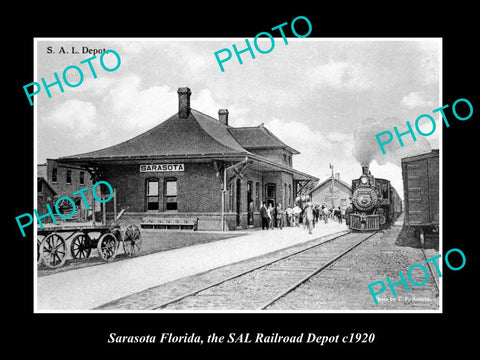 OLD LARGE HISTORIC PHOTO OF SARASOTA FLORIDA, THE RAILROAD DEPOT STATION c1920