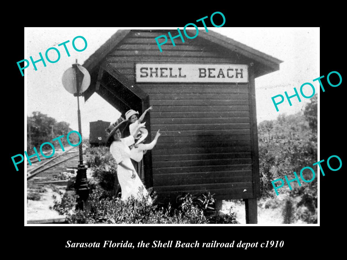 OLD LARGE HISTORIC PHOTO OF SARASOTA FLORIDA, SHELL BEACH RAILROAD DEPOT c1910