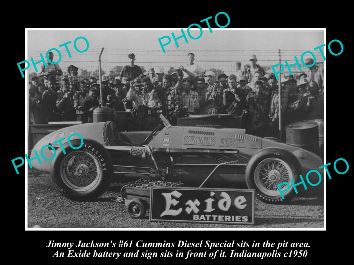 OLD LARGE HISTORIC PHOTO OF JIM JACKSONS 1950 INDIANAPOLIS RACE CAR, CUMMINS