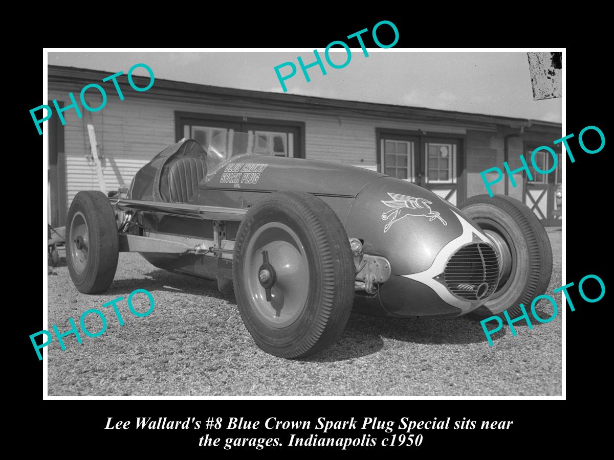 OLD HISTORIC PHOTO OF LEE WALLARD 1950 INDIANAPOLIS RACE CAR, CROWN SPARK PLUG