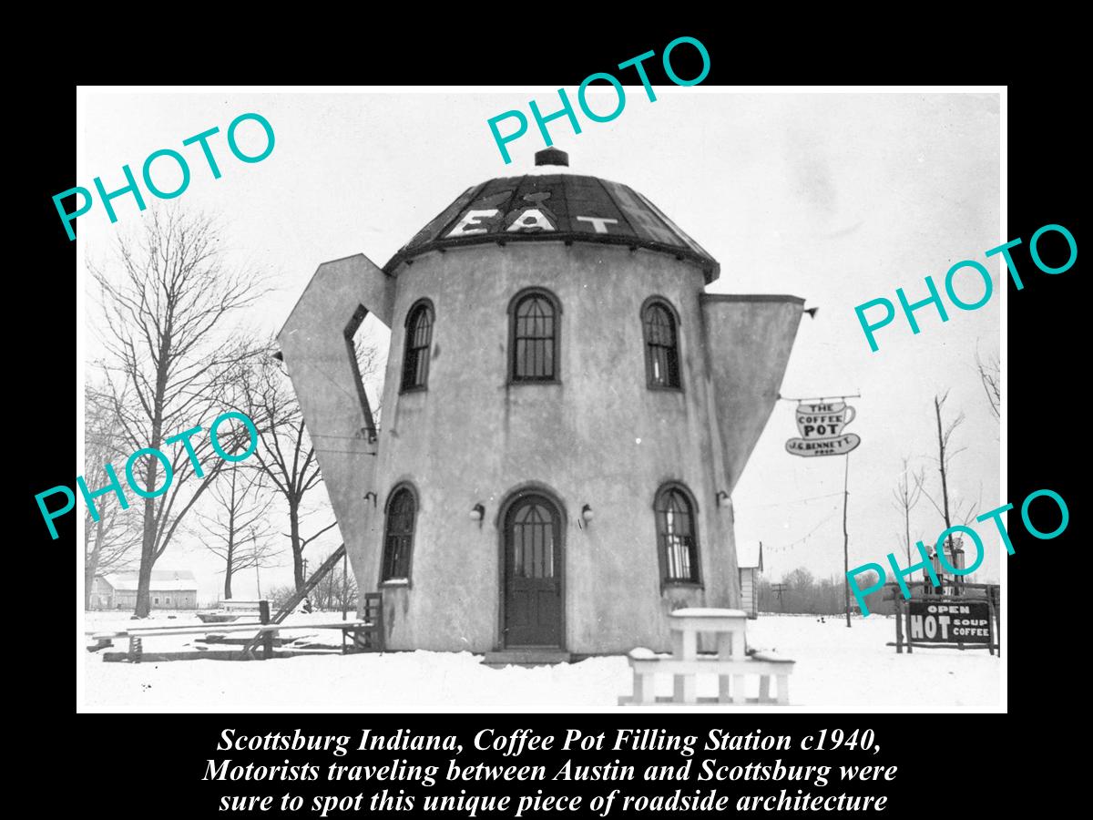 OLD LARGE HISTORIC PHOTO OF SCOTTSBURG INDIANA, THE COFFEE POT STATION c1940