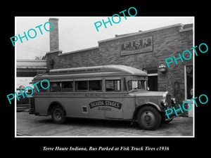 OLD LARGE HISTORIC PHOTO OF TERRE HAUTE INDIANA, BUS AT FISK TRUCK TIRES c1936