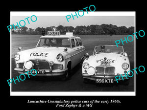 OLD LARGE HISTORIC PHOTO OF LANCASHIRE POLICE, FORD ZEPHYR & MG PATROL CAR c1960