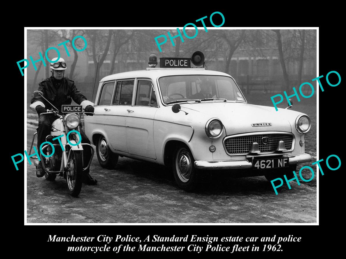 OLD HISTORIC PHOTO OF MANCHESTER POLICE MOTORCYCLE & ENSIGN PATROL CAR 1962