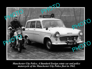 OLD HISTORIC PHOTO OF MANCHESTER POLICE MOTORCYCLE & ENSIGN PATROL CAR 1962