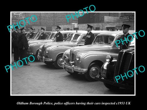 OLD LARGE HISTORIC PHOTO OF OLDHAM POLICE & AUSTIN PATROL CARS INSPECTION c1953