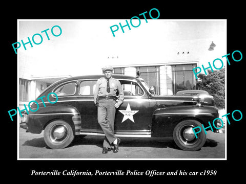 OLD LARGE HISTORIC PHOTO OF PORTERVILLE CALIFORNIA, POLICE PATROL CAR c1950