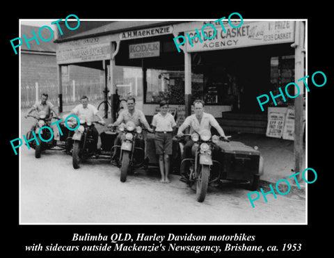 OLD LARGE HISTORIC PHOTO, BULIMBA QLD, HARLEY DAVIDSON MOTORCYCLES AT STORE 1953